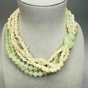 VTG Multi-Strand Green Prehnite Stone Cultured Pearl Monkey Pendant Necklace 16"